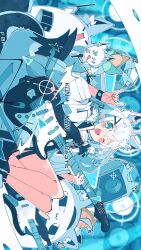 1girl absurdres ahoge animal_ear_fluff animal_ear_piercing animal_ears aqua_eyes armband bamboo_shoot black_tail braid crossed_bangs dog_tags double-parted_bangs drum earrings electric_guitar extra_ears fang feet_out_of_frame fender_stratocaster fox_ears fox_girl fox_shadow_puppet fox_tail fubuzilla_(shirakami_fubuki) fur-trimmed_jacket fur_trim guitar hair_between_eyes haru57928031 highres hololive instrument jacket jewelry long_hair looking_at_viewer microphone microphone_stand miteiru_(shirakami_fubuki) multicolored_tail official_alternate_costume one_eye_closed oruyanke_(shirakami_fubuki) pentagram shirakami_fubuki shirakami_fubuki_(fubukitek) side_braid sidelocks single_braid single_earring solo speaker sukonbu_(shirakami_fubuki) tail virtual_youtuber white_hair white_jacket white_tail