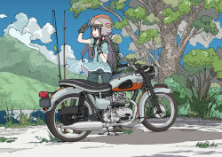 1girl aoi_zero backpack bag blue_dress blue_pants cloud cloudy_sky day dress fishing_rod gloves grass helmet highres hill long_hair looking_to_the_side motor_vehicle motorcycle motorcycle_helmet open_mouth original outdoors pants sky solo standing tree