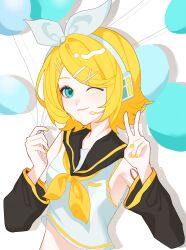 1girl ;) absurdres aqua_eyes baijing balloon bare_shoulders black_sailor_collar black_sleeves blonde_hair chinese_commentary closed_mouth commentary_request crop_top cropped_shirt detached_sleeves fingernails hair_ornament hairclip headset highres holding holding_balloon kagamine_rin long_sleeves looking_at_viewer microphone midriff nail_polish neckerchief one_eye_closed sailor_collar shirt short_hair simple_background sleeveless sleeveless_shirt smile solo upper_body v vocaloid white_background white_shirt x_hair_ornament yellow_nails yellow_neckerchief