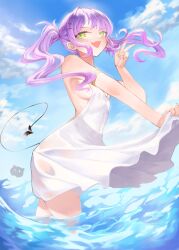 1girl absurdres bare_shoulders black_tail breasts cowboy_shot demon_tail dress green_eyes highres hololive kimura_gin long_hair partially_submerged purple_hair sideboob solo standing tail tokoyami_towa twintails v virtual_youtuber water white_dress