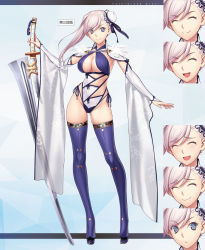 1girl arm_at_side asymmetrical_hair bikini blue_eyes blue_thighhighs blurry breasts bun_cover cape cleavage cliff collarbone commentary_request cowboy_shot criss-cross_halter dark-skinned_female dark_skin depth_of_field detached_sleeves fate/grand_order fate_(series) fur fur-trimmed_cape fur_trim glowing gluteal_fold groin hair_between_eyes hair_bun hair_intakes halterneck hand_up highres koyama_hirokazu large_breasts leaning_to_the_side long_hair looking_at_viewer miyamoto_musashi_(fate) miyamoto_musashi_(fate/grand_order) miyamoto_musashi_(swimsuit_berserker)_(fate) miyamoto_musashi_(swimsuit_berserker)_(third_ascension)_(fate) official_art one-piece_swimsuit outdoors pink_hair single_hair_bun single_hair_intake single_side_bun skindentation solo standing swept_bangs swimsuit thigh_gap thighhighs thighs torii