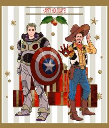 2boys absurdres animal_print armor arms_up avengers_(series) bandana belt black_eyes black_hair blonde_hair blue_pants boots border box brown_belt brown_border brown_footwear brown_hat buttons buzz_lightyear closed_eyes closed_mouth collared_shirt commentary_request cosplay cow_print cowboy_boots cowboy_hat crossover denim english_text facial_hair full_body gift gift_box grey_armor grey_background happy_holidays hat highres holding holding_shield long_sleeves looking_at_viewer male_focus marvel mistletoe mochishio multicolored_armor multiple_boys open_clothes open_vest orange_bandana orange_shirt pants plaid_clothes plaid_shirt pocket sheriff_woody shield shirt short_hair smile spacesuit standing star_(symbol) star_pin steve_rogers striped_background teeth tony_stark toy_story v-shaped_eyebrows vest white_armor white_background
