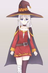 Rule 34 | arms at sides, black hat, braid, cosplay, crossover, elaina (majo no tabitabi), hat, highres, kono subarashii sekai ni shukufuku wo!, long hair, mahdi, majo no tabitabi, megumin, megumin (cosplay), silver hair, simple background, solo, thighhighs, witch, witch hat
