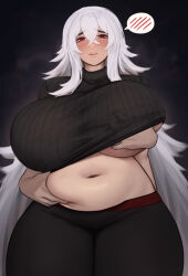 1girl azur_lane belly_grab black_pants black_sweater breasts clothes_lift curvy grabbing_another&#039;s_breast graf_zeppelin_(azur_lane) grey_hair groping hair_between_eyes highres huge_breasts long_hair navel pants plump red_eyes roresu spoken_blush sweater sweater_lift thick_eyebrows thick_thighs thighs very_long_hair white_hair wide_hips yoga_pants