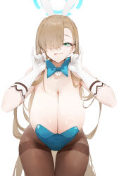 Rule 34 | 1girl, :p, absurdres, animal ears, aqua leotard, asuna (blue archive), asuna (bunny) (blue archive), asymmetrical bangs, blonde hair, blue archive, blue bow, blue bowtie, blue halo, blue leotard, bow, bowtie, breasts, detached collar, dokshuri, fake animal ears, gloves, green eyes, hair over one eye, halo, highres, huge breasts, large breasts, leotard, long hair, official alternate costume, pantyhose, playboy bunny, simple background, solo, strapless, strapless leotard, thighband pantyhose, tongue, tongue out, traditional bowtie, undersized breast cup, very long hair, white background, white gloves