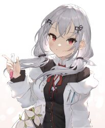 1girl 2t_(vmyz7342) black_shirt breast_pocket breasts buttons closed_mouth collared_shirt flower hair_ornament hakase_fuyuki hakase_fuyuki_(1st_costume) hand_up hexagram highres holding holding_test_tube index_finger_raised lab_coat large_breasts long_hair long_sleeves looking_at_viewer low_twintails neck_ribbon nijisanji object_in_pocket pen_in_pocket pocket red_eyes red_ribbon ribbon shirt smile solo star_of_david test_tube twintails upper_body virtual_youtuber white_background white_flower white_hair