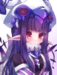 1girl black_bodysuit bodysuit breasts emil_chronicle_online helmet highres leviathan_(eco) long_hair medium_breasts pointy_ears purple_hair red_eyes satsuki_atan upper_body white_background