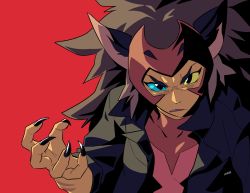 absurdres animal_ears blue_eyes brown_hair cat_ears cat_girl catra claws fang freckles heterochromia highres looking_at_viewer masters_of_the_universe mikkusushi red_background red_headwear she-ra_and_the_princesses_of_power simple_background bad_tag yellow_eyes