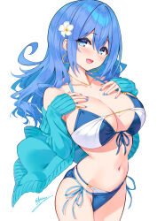 1girl aqua_jacket bare_shoulders bikini blue_bikini blue_eyes blue_hair blue_nails breasts cleavage commentary_request cowboy_shot cu-no earrings flower front-tie_bikini_top front-tie_top hair_flower hair_ornament halterneck hands_on_own_chest highres hisen_kaede hoop_earrings jacket jewelry kohitsuji_ai large_breasts layered_bikini long_hair long_sleeves looking_at_viewer nail_polish navel necklace off_shoulder open_clothes open_jacket open_mouth side-tie_bikini_bottom simple_background smile solo standing stomach string_bikini swimsuit white_background white_bikini