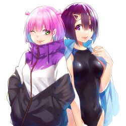2girls ;) black_one-piece_swimsuit blue_jacket blue_one-piece_swimsuit breasts closed_mouth commentary_request cover_image covered_navel cowboy_shot folded_twintails green_eyes hair_between_eyes hair_ornament hand_up hands_in_pockets hashtag-only_commentary highres jacket jacket_on_shoulders medium_breasts multicolored_jacket multiple_girls one-piece_swimsuit one_eye_closed pink_hair purple_eyes purple_hair sawaranaide_kotesashi-kun sayamagaoka_chiyo shinjou_takuya short_hair sideways_glance simple_background smile standing sumiyoshi_izumi swimsuit two-tone_one-piece_swimsuit white_background