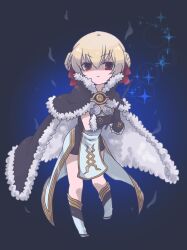 1girl aura bio_lab black_boots black_cape black_dress black_gloves blonde_hair boots cape closed_mouth commentary_request doroidsan double_bun dress full_body fur-trimmed_gloves fur_cape fur_trim gloves hair_bun hair_ribbon high_wizard_(ragnarok_online) highres holding holding_wand kathryne_keyron layered_dress looking_at_viewer multicolored_boots ragnarok_online red_eyes red_ribbon ribbon shaded_face short_dress short_hair smile solo sparkle two-tone_boots two-tone_dress wand white_boots white_dress