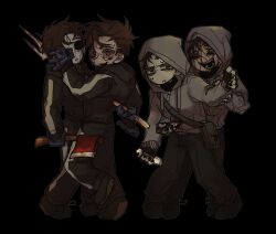 4boys :/ absurdres axe bag bags_under_eyes black_background black_eyes black_gloves black_hair black_nails blood blood_on_mouth bloodshot_eyes bloody_knife bloody_weapon brown_eyes brown_hair crazy_grin cry_of_fear david_leatherhoff dual_persona empty_eyes fingerless_gloves fire_axe full_body gloves grey_hoodie hand_grab hand_on_another&#039;s_face highres holding holding_axe holding_knife hood hood_up hoodie impaled injury ju-san knife leaning_forward looking_at_viewer messy_hair multiple_boys open_mouth pitchfork short_hair shoulder_bag simon_henriksson simon_henriksson_(book) stab sweatdrop teeth the_addiction_(afraid_of_monsters) weapon