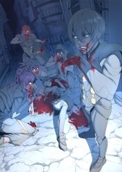 2girls 4boys absurdres aghoby argilla blood blood_on_face blue_hair bodysuit cannibalism cielo_(dds) death digital_devil_saga ds gale_(dds) grey_bodysuit guro heat_(dds) highres kneeling lying multiple_boys multiple_girls on_back on_floor open_mouth purple_hair red_hair sera_(dds) serph solid_eyes standing