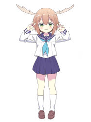 1girl :3 antlers blue_neckerchief blue_sailor_collar blue_skirt brown_footwear brown_hair commentary deer_antlers deer_girl double_w full_body green_eyes highres horns ishida_aya long_sleeves looking_at_viewer mixed-language_commentary neckerchief pleated_skirt sailor_collar school_uniform serafuku shikanoko_noko shikanoko_nokonoko_koshitantan short_hair simple_background skirt socks solo standing w white_background white_serafuku white_socks