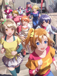 6+girls :d :o ^_^ ahoge ayase_eli beanie black_hair blonde_hair blue_eyes blue_hair blue_pants bow breasts brown_eyes brown_hair closed_eyes closed_mouth day everyone green_bow green_eyes green_thighhighs hair_bow hair_rings hairband hat highres hoshizora_rin koizumi_hanayo kosaka_honoka light_brown_hair long_hair love_live! love_live!_school_idol_project low_twintails medium_breasts medium_hair minami_kotori multiple_girls nishikino_maki one_side_up open_mouth orange_eyes orange_hair outdoors pants parted_lips pleated_skirt ponytail purple_eyes purple_hair red_eyes red_hair running shamakho short_hair side_ponytail single_hair_ring skirt small_breasts smile sonoda_umi stairs thighhighs tojo_nozomi track_suit twintails yazawa_nico yellow_bow yellow_eyes zettai_ryouiki