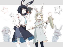 4girls animal_ears asahi_(uwa) blonde_hair blue_eyes bow brown_eyes brown_hair rabbit_ears dress earclip fake_animal_ears flat_cap hair_bow hat kine long_hair mallet maribel_hearn midriff multiple_girls necktie pantyhose ribbon ringo_(touhou) seiran_(touhou) shirt short_hair skirt smile star_(symbol) touhou usami_renko