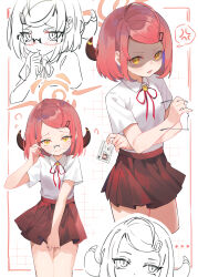 ... 1girl absurdres adjusting_eyewear ahoge anger_vein aru_(blue_archive) aru_(young)_(blue_archive) blue_archive blush checkered_background collared_shirt commentary_request cropped_legs demon_horns flying_sweatdrops halo hand_on_eyewear hand_to_own_mouth highres holding holding_id_card holding_removed_eyewear horns id_card looking_at_viewer multiple_views pleated_skirt red_eyes red_halo red_ribbon red_skirt ribbon shaded_face shirt shirt_tucked_in short_hair short_sleeves sketch skirt skirt_tug spoken_anger_vein sweat unworn_eyewear white_background white_shirt yellow_eyes zhuozhuozhuo
