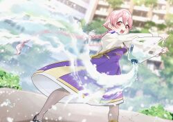 1girl aogirism apocalypse_hotel artist_name black_shoes blurry blurry_background braid breasts brown_hair building commentary cropped_jacket dress dutch_angle dynamic_pose hair_between_eyes highres jacket long_hair mary_janes open_mouth orange_eyes outdoors pantyhose plant purple_dress purple_scarf scarf shoes sleeve_cuffs small_breasts solo splashing standing teeth twin_braids twintails twitter_username upper_teeth_only very_long_hair water white_jacket yachiyo_(apocalypse_hotel)