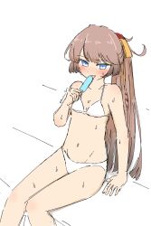 Rule 34 | 1girl, absurdres, alternate costume, bikini, blue eyes, brown hair, commentary request, feet out of frame, food, highres, holding, holding food, holding popsicle, kantai collection, kazagumo (kancolle), licking, long hair, looking at viewer, ponytail, popsicle, sitting, solo, sweat, swimsuit, tsuru (thunder tsuru), white bikini