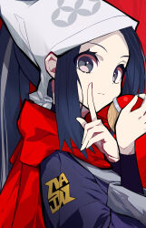 1girl absurdres akari_(pokemon) black_eyes black_hair closed_mouth galaxy_expedition_team_survey_corps_uniform hands_up headscarf highres hisuian_poke_ball holding holding_poke_ball index_finger_raised long_sleeves looking_at_viewer mutsu_aya nintendo poke_ball pokemon pokemon_legends:_arceus ponytail red_background red_scarf scarf solo undershirt upper_body white_headscarf white_headwear