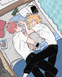 2boys :d aged_down arm_behind_head bad_id bad_twitter_id bed_sheet belt black_pants blanket blonde_hair blush book cellphone closed_eyes collared_shirt commentary cuddling curtained_hair curtains facing_another feet_out_of_frame flick forehead_flick from_above head_on_pillow headboard highres hypnosis_mic izanami_hifumi kannonzaka_doppo light_frown looking_at_another lying male_focus mechanical_pencil messy_hair mido_mokuzu multicolored_hair multiple_boys on_bed on_side open_book open_mouth pants pants_rolled_up parted_bangs pencil pencil_case phone pillow red_hair rug school_uniform shaded_face sheet_grab shirt shirt_tucked_in short_hair short_sleeves smartphone smile streaked_hair sweatdrop textbook v-shaped_eyebrows wavy_mouth white_shirt wooden_floor yaoi yellow_eyes