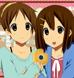 2girls blush brown_eyes brown_hair candy closed_mouth collarbone cookie dot_nose donut feet_out_of_frame female_focus food food_on_face hair_ornament hairclip hirasawa_ui hirasawa_yui holding holding_food jelly_bean k-on! long_sleeves looking_at_viewer multiple_girls open_clothes open_mouth siblings sisters smile standing teeth thumbprint_cookie upper_body wrapped_candy