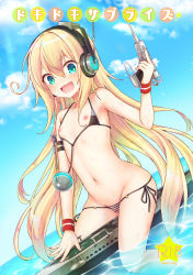 1girl :d albacore_(azur_lane) aqua_eyes azur_lane bikini blonde_hair blue_sky cloud commentary_request cover cover_page day doujin_cover fang female_focus flat_chest gun hair_between_eyes handgun headphones holding holding_gun holding_weapon isao_(wasamoti) loli long_hair looking_at_viewer navel ocean open_mouth partially_submerged pistol side-tie_bikini_bottom sitting sky smile solo star star-shaped_pupils star_(symbol) sunlight swimsuit symbol-shaped_pupils very_long_hair water weapon