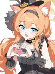 1girl :d absurdres animal_ear_fluff animal_ears black_dress black_hairband blue_archive blue_eyes breasts cat_ears dress earrings extra_ears flower hairband halo hat hat_flower heart heart_hands highres idol jewelry looking_at_viewer low_twintails mari_(blue_archive) mari_(idol)_(blue_archive) medium_breasts official_alternate_costume official_alternate_hairstyle open_mouth orange_hair simple_background smile solo twintails user_ryyw8723 white_background wrist_cuffs yellow_halo