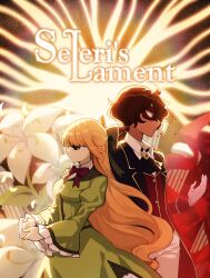 1boy 1girl absurdres back-to-back blue_coat blunt_bangs bow brown_hair coat dark-skinned_male dark_skin dilion_(seleri&#039;s_lament) dress flower gloves green_dress hair_bow highres lily_(flower) long_hair long_sleeves mask official_art orange_hair pants pink_eyes ponytail puffy_long_sleeves puffy_sleeves raingarita seleri&#039;s_lament seleri_(seleri&#039;s_lament) short_ponytail white_pants