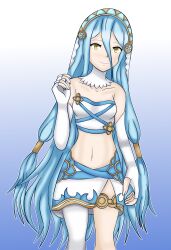 1girl absurdres aqua_hair arm_at_side armpit_crease azura_(fire_emblem) bra breasts clenched_hands collarbone detached_collar elbow_gloves eyelashes female_focus fingerless_gloves fire_emblem fire_emblem_fates fire_emblem_warriors gloves gradient_background hair_between_eyes hand_up highres intelligent_systems jewelry leaning_to_the_side legs light_smile long_bangs long_hair looking_at_viewer low-tied_long_hair matching_underwear medium_breasts midriff miniskirt navel neck nintendo official_alternate_costume official_underwear print_bra side_slit sidelocks single_thighhigh skirt sonicheroxd sports_bra standing strapless strapless_bra thighhighs thighlet underwear underwear_only veil very_long_hair white_bra white_gloves white_thighhighs yellow_eyes
