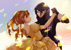 2girls auburn_hair black_hair dancing dress highres kanisuka_rita multiple_girls ohsama_sentai_king-ohger purple_eyes queen queens ran_himeno super_sentai tiara u5316u77f3u68ee(u4e03u6894) yellow_eyes