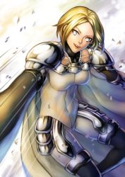 1girl armor blonde_hair breasts claymore_(series) collarbone female_focus gradient_background grey_eyes helen highres motion_lines short_hair smile solo speed_lines xun_(xun124c41)