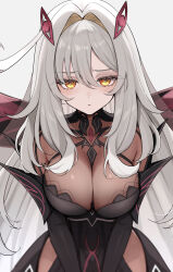 1girl black_dress breasts cleavage commentary_request dress eye_hair_ornament genshin_impact grey_background grey_hair hair_between_eyes highres large_breasts long_hair looking_at_viewer parted_lips ronova_(genshin_impact) side_ahoge simple_background solo symbol-shaped_pupils upper_body ura_(hamburg_oniku) very_long_hair white_background white_hair yellow_eyes