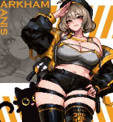 1girl ahoge anis_(nikke) arkham-ts arm_up artist_name bat_(animal) beret black_cat black_hat black_jacket black_shorts black_thighhighs breasts brown_eyes brown_hair cat cleavage closed_mouth commentary cowboy_shot crop_top curvy goddess_of_victory:_nikke grey_shirt hand_on_own_hip hat huge_breasts jacket large_breasts long_sleeves looking_at_viewer midriff navel open_clothes open_jacket pixel_art salute shirt short_hair short_shorts shorts smile solo thick_thighs thigh_strap thighhighs thighs zoom_layer
