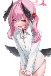 1girl absurdres black_wings blue_archive blush collared_shirt cowboy_shot feathered_wings halo head_wings highres koharu_(blue_archive) long_hair long_sleeves looking_at_viewer open_mouth pink_eyes pink_hair pink_halo shirt simple_background solo ttusee5 white_background white_shirt wings