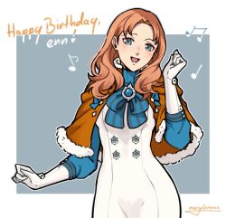 1girl annette_fantine_dominic blue_eyes blue_ribbon cloak dress fire_emblem fire_emblem:_three_houses fur_trim gloves highres long_hair merylemons music musical_note nintendo orange_cloak orange_hair ribbon singing solo white_dress white_gloves wide_hips
