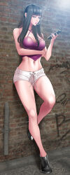 bimbofication cigarette corruption crop_top dr_stein_(pixiv) high_heels highres leaning_back phone revealing_clothes rin_(smoking_hypnosis) short_shorts shorts smoke smoking_hypnosis