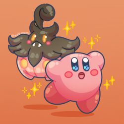 aimaay blush closed_mouth commentary crossover english_commentary fangs gen_6_pokemon halloween highres kirby kirby_(series) nintendo open_mouth pokemon pokemon_(creature) pumpkaboo shadow smile star_(symbol) tongue yellow_eyes