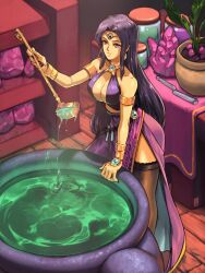 1girl absurdres ambiguous_green_liquid armlet bracelet breasts brown_thighhighs cauldron circlet cleavage commentary dark_skin david_liu earrings english_commentary fields_of_mistria highres holding holding_ladle indoors jar jewelry juniper_(fields_of_mistria) ladle long_hair plant potted_plant purple_eyes purple_hair second-party_source solo test_tube thighhighs very_long_hair