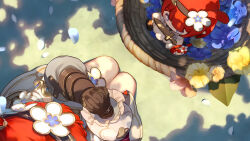 Rule 34 | 1girl, absurdres, bad link, basket, black gloves, black hairband, blue flower, character doll, cross-shaped pupils, dappled sunlight, dress, falling petals, flower, flower-shaped pupils, from above, game cg, gloves, greco-roman clothes, hair flower, hair ornament, hairband, hairclip, highres, honkai: star rail, honkai (series), kneeling, leaf, official art, one side up, own hands together, petals, pink flower, pointy ears, red hair, short hair, solo, sunlight, symbol-shaped pupils, toy sword, tribbie (honkai: star rail), white dress, white flower, yellow flower