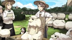 6+girls :d animal_costume apron bernese_mountain_dog bird black_skirt blonde_hair blue_eyes brown_eyes brown_hair bush chicken clumsy_nun_(diva) commentary diva_(hyxpk) dog duck english_commentary eyewear_on_head freckles froggy_nun_(diva) glasses grey_apron grey_hair hat highres little_nuns_(diva) multiple_girls nun open_mouth sheep sheep_costume sheep_nun&#039;s_mother_(diva) sheep_nun_(diva) shirt skirt smile strict_nun&#039;s_mother_(diva) strict_nun_(diva) sweat traditional_nun white_shirt