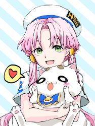 1girl :d animal aria_(manga) aria_company_uniform aria_pokoteng beret blue_background blue_bow blue_bowtie blush bow bowtie cat eyelashes gold_trim green_eyes hair_tubes hat heart highres holding holding_animal holding_cat kuronekoyanagi looking_at_viewer mizunashi_akari open_mouth parted_bangs pink_hair sailor_collar short_hair_with_long_locks short_sleeves smile spoken_heart striped_background two-tone_background upper_body white_background white_cat