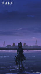 absurdres backlighting barcarola_(reverse:1999) beamed_eighth_notes blue_shirt blue_skirt blue_sky blurry blurry_background bow_(music) copyright_name copyright_notice cruise_ship dixie_cup_hat facing_away floating_hair from_behind gradient_sky hat highres holding holding_bow_(music) holding_instrument holding_violin instrument logo long_braid long_hair military_hat miniskirt musical_note musical_note_print night night_sky ocean official_art official_wallpaper pantyhose poster_parody print_skirt purple_sky red_hair reverse:1999 sailor_collar shirt skirt sky standing the_legend_of_1900 violin wading white_hat white_pantyhose wide_shot
