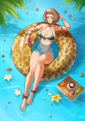 Rule 34 | 1girl, absurdres, alternate costume, anklet, apple, banana, bare shoulders, bikini, blush, breasts, brown eyes, brown hair, choker, cleavage, closed mouth, coconut, cup, deliciousbrain, drinking straw, fire emblem, fire emblem: three houses, floating, flower, food, from above, fruit, green bikini, hair flower, hair ornament, hair slicked back, highres, holding, holding cup, innertube, jewelry, large breasts, lipstick, looking at viewer, makeup, manuela casagranda, mole, mole under eye, navel, nintendo, orange lips, palm tree, short hair, sideboob, skindentation, smile, solo, stomach, swim ring, swimsuit, tray, tree, underboob, water