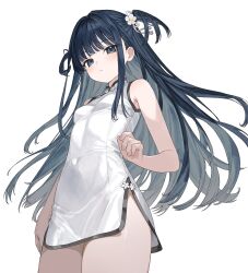 1girl black_eyes black_hair breasts china_dress chinese_clothes choppy_bangs commentary commission covered_navel cowboy_shot dress flower frown hair_flower hair_ornament hair_ribbon highres karyln long_hair looking_at_viewer microdress original ribbon simple_background sleeveless sleeveless_dress small_breasts solo two_side_up white_background white_dress white_flower white_ribbon
