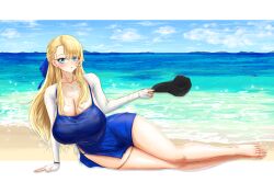 Rule 34 | 1girl, absurdres, arm support, barefoot, beach, blonde hair, blue dress, blue eyes, blush, breasts, brown dust (series), brown dust 2, cleavage, commentary, dorset 77, dress, earrings, feet, hat, highres, holding, holding unworn clothes, holding unworn hat, huge breasts, jewelry, legs, long hair, looking at viewer, lying, necklace, on side, shrug (clothing), solo, thighs, toenails, toes, unworn hat, unworn headwear, wilhelmina (brown dust)