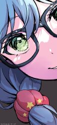Rule 34 | 1girl, absurdres, asahi rokka, bang dream!, blue hair, close-up, commentary, dated, glasses, green eyes, grey background, hair between eyes, highres, looking at viewer, low ponytail, nobusawa osamu, open mouth, ponytail, solo