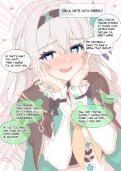 1girl absurdres black_hairband blue_eyes blush detached_sleeves doyagao english_text firefly_(honkai:_star_rail) grey_hair hair_between_eyes hair_intakes hair_ornament hairband head_on_hands heart highres honkai:_star_rail honkai_(series) jacket kemonya777 long_hair looking_at_viewer mixed-language_commentary multicolored_eyes open_mouth pink_eyes shirt smile smug solo speech_bubble thought_bubble two-tone_eyes upper_body