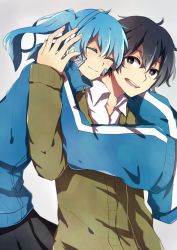 1boy 1girl black_hair blue_hair closed_eyes ene_(kagerou_project) headphones hetero highres hug hug_from_behind kagerou_project kokonose_haruka long_hair mole mole_under_eye ringomaru school_uniform short_hair smile twintails vocaloid yamaha