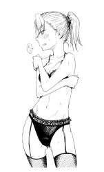 10s 1girl black_bra blush bra breasts cleavage contrapposto covering_chest covering_privates embarrassed female_focus garter_belt garter_straps greyscale hand_on_own_shoulder jericho_(nanatsu_no_taizai) lace lace-trimmed_bra lace-trimmed_garter_belt lace_trim lingerie looking_to_the_side monochrome nanatsu_no_taizai navel ponytail simple_background solo standing sweat thighhighs toruneko underwear underwear_only white_background